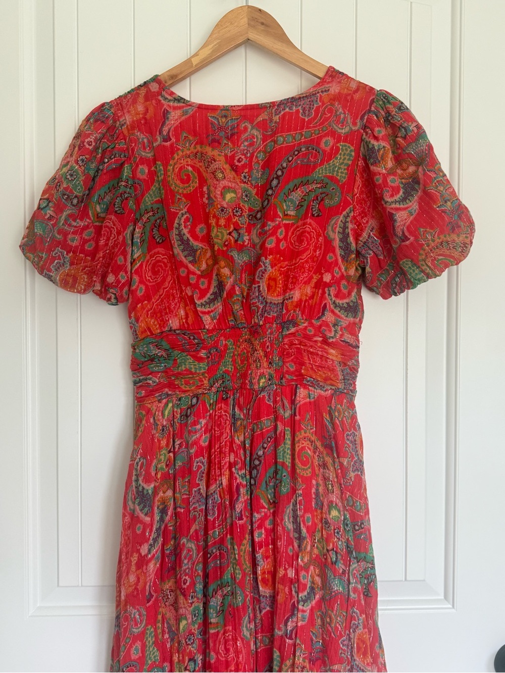 Anthropologie The Katerina Lurex Button Front Midi Dress Red Paisley Shimmer 4 - Picture 8 of 12